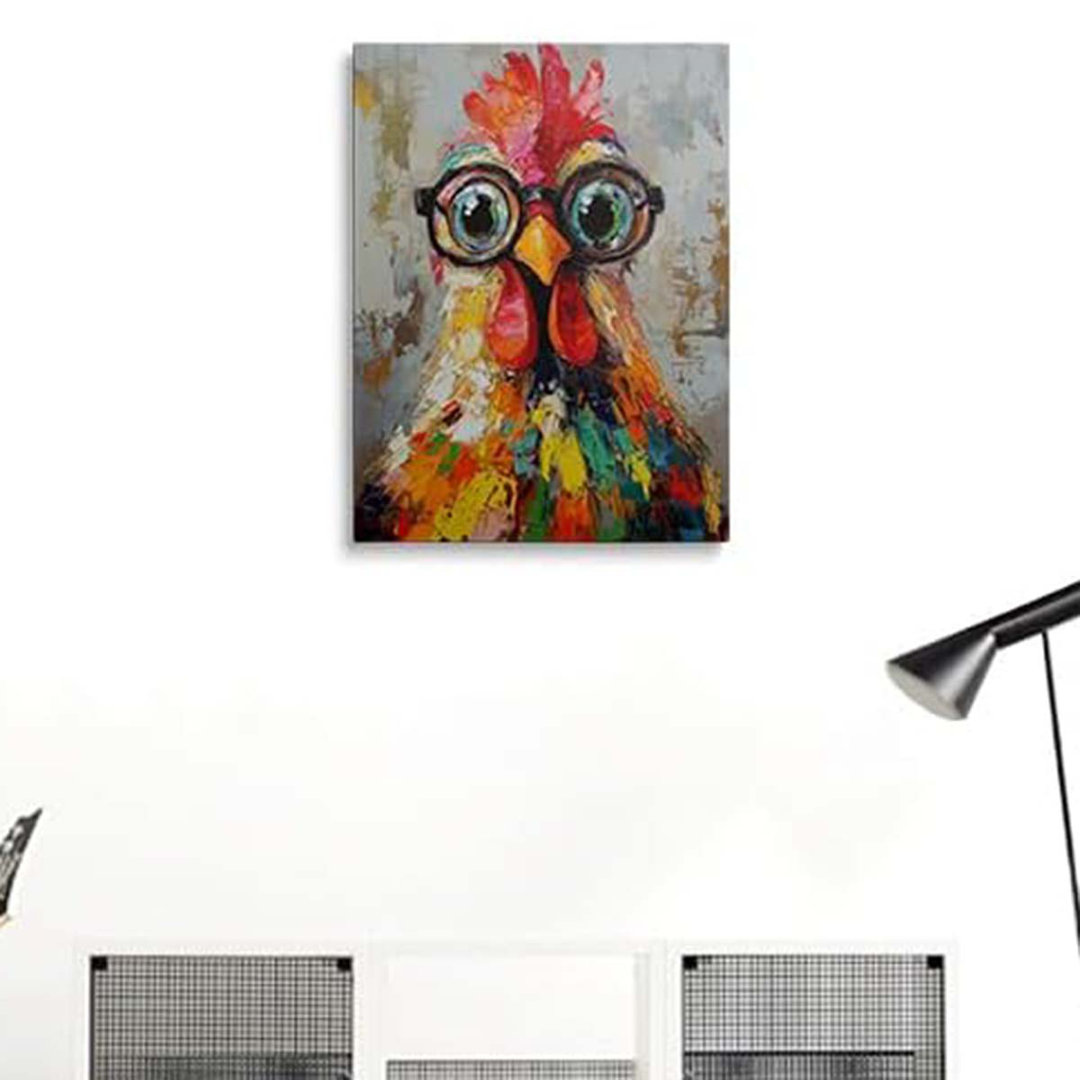 Chicken With Glasses Picture Wall Decor Framed Rooster Graffiti Canvas Wall Art Colorful Cock Animal.