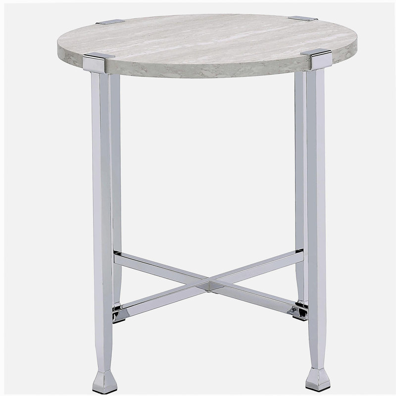 White Oak and Chrome End Table with X Shape Base