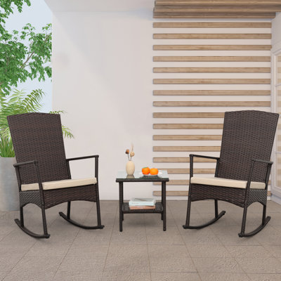 Chaise berçante d'extérieur 3 pièces avec table basse et coussins