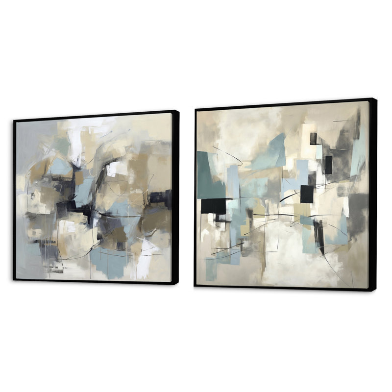 Beige et gris, créativité sans limite - ensemble de 2 collages carrés de peinture abstraite, Cadre flottant noir