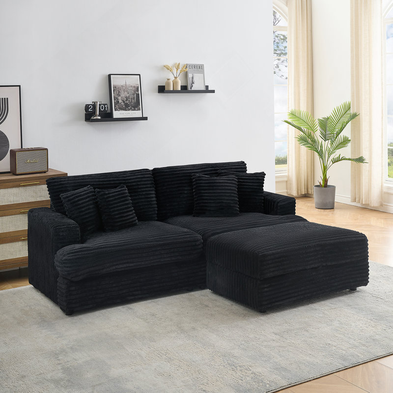 Canapé en velours côtelé, pieds de rangement et 4 coussins décoratifs, Noir