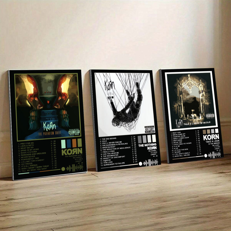 Ensemble de 3 affiches encadrées, reproductions sur toile des pochettes d'albums de Korn : The Paradigm Shift, The Nothing, Take a Look in the Mirror. Décoration murale idéale pour la chambre ou le salon. Cadeau parfait pour les amateurs de rock.