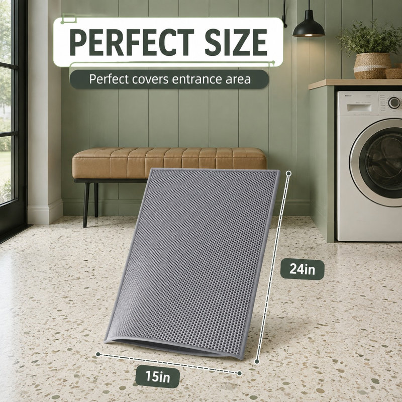 Un tapis de litière pour chat gris de 24 x 15 pouces doté d'une structure alvéolaire à double couche.