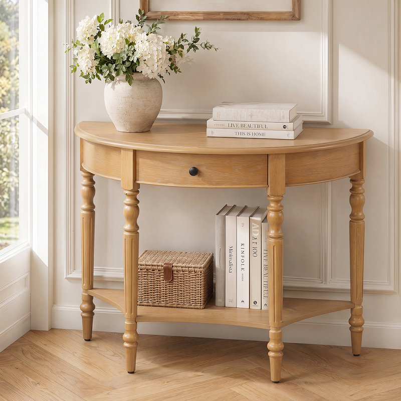 Table d'entrée en demi-lune rustique avec console et rangement pour couloirs étroits, Bois naturel