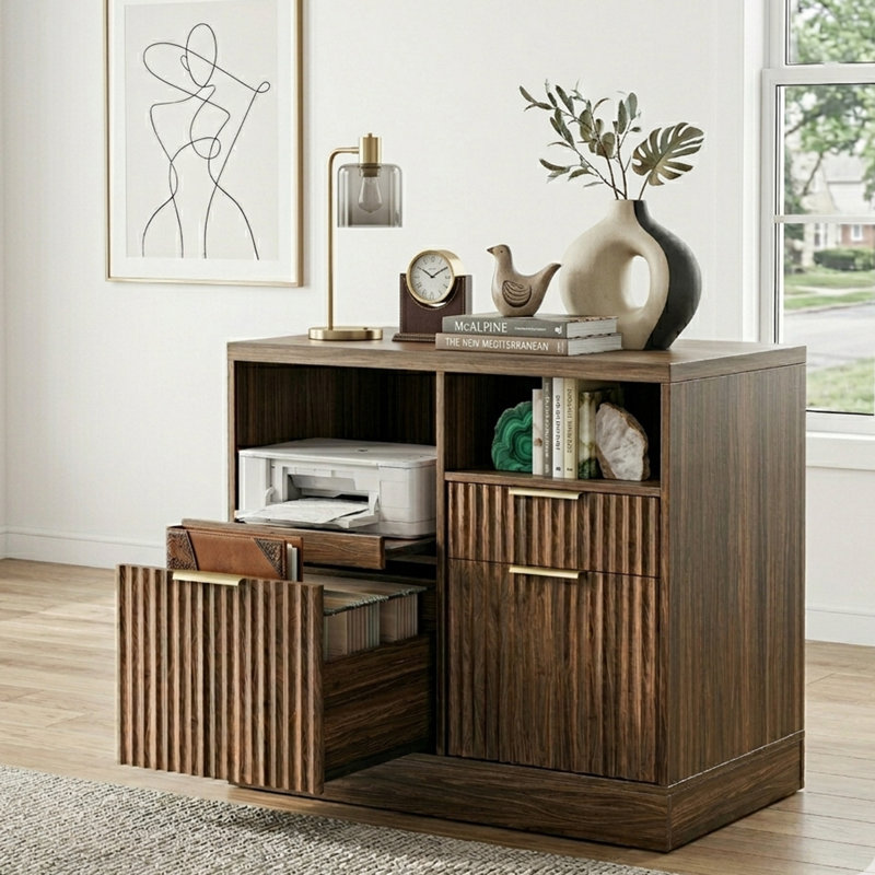32”  2 Drawer Lateral Filing Cabinet , Charging Station & Storage For Home Office, Black Walnut