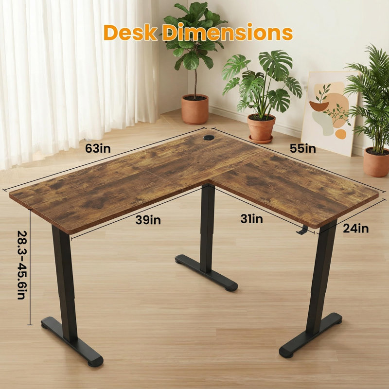 63" L Shaped Electric Height Adjustable L Shaped Standing Desk With Outlets, Brown/Black