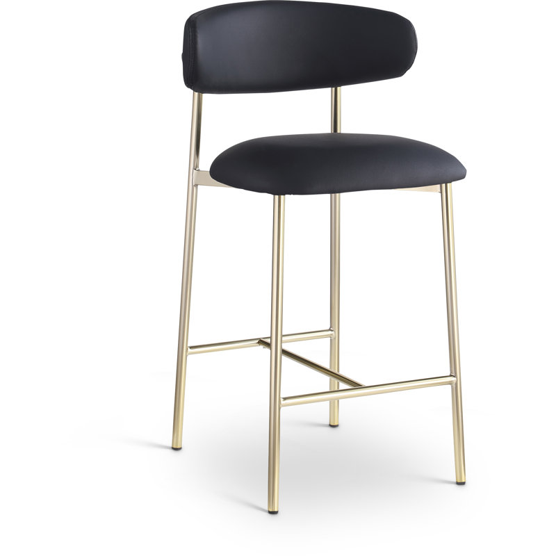 Lupita Vegan Leather Counter Stool, Black Vegan Leather, Brushed Gold