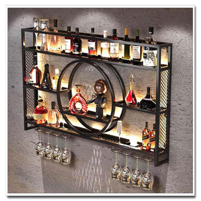 39In 3-Tier Wine Rack With LED Light - Wall Mounted Black Metal, Glass Holder For Stemware/Goblets (Home Mini Bar/Cellar)