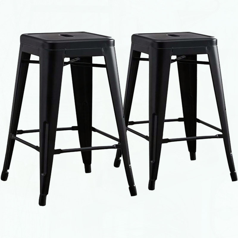 Ensemble de 2 tabourets de bar industriels sans dossier - noir mat - siège 30 po - pieds en métal, Noir