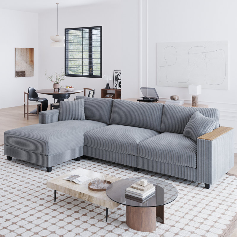 Corduroy L Shaped Xanthe Sofa with chaise and armrest storage, Gray