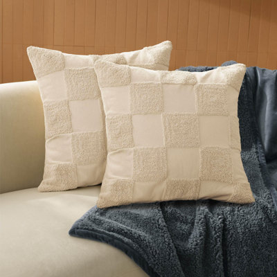 Double Stitch 100% Cotton Throw Pillow Covers - Set of 2 Checkered Tufted Boho Decorative Pillow Covers 20x20, Made in India, Square Cushion Case, Modern Home Decor for Couch, Sofa