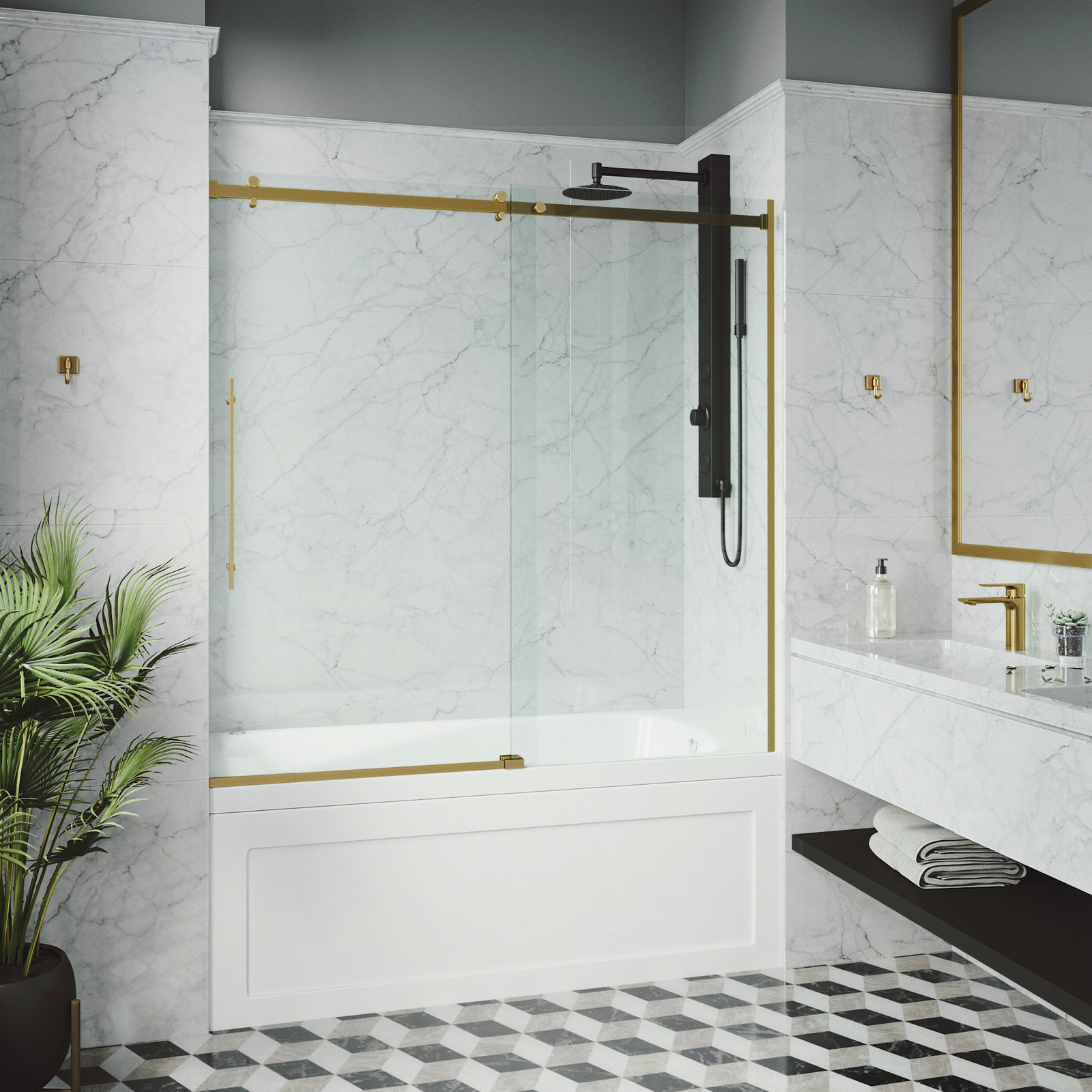 Luca Frameless Sliding Tub Door, Matte Gold