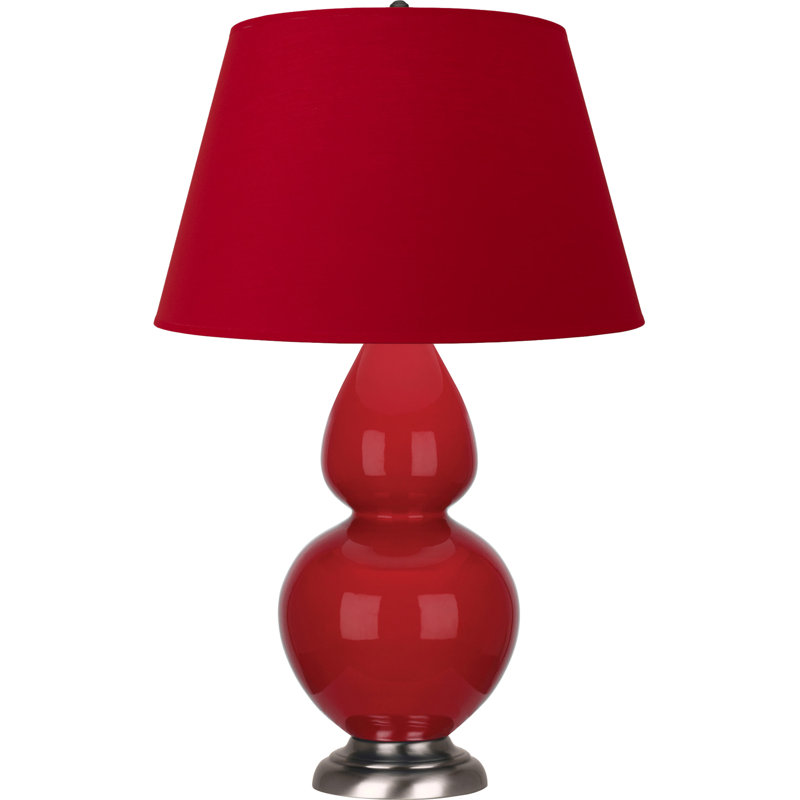 Lampe de table double gourde en céramique, Blanc cassé, Rouge rubis émaillé / argent antique, Argent argent