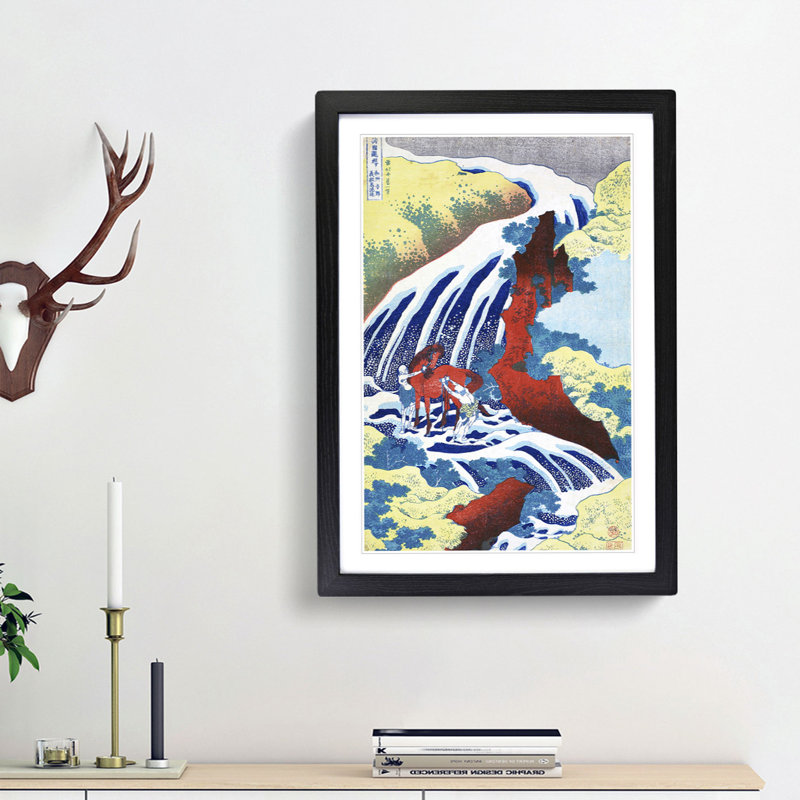 Yoshitsune Falls by Katsushika Hokusai - Picture Frame Art Print, 48cm H x 36cm W x 2cm D, Black Framed