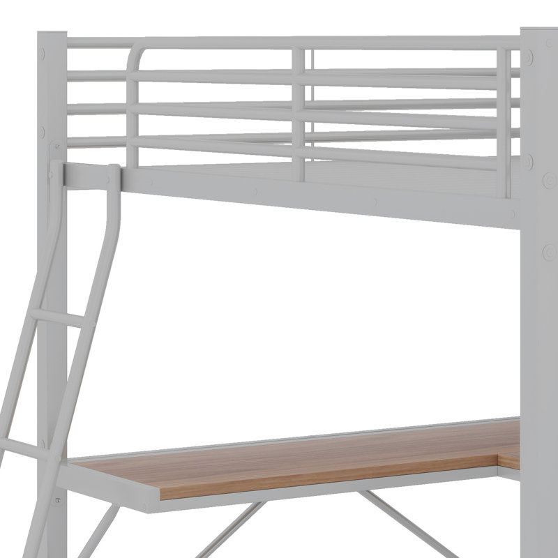 Structure de lit en métal avec tablette, garde-corps, bureau en L et échelle, Argent argent