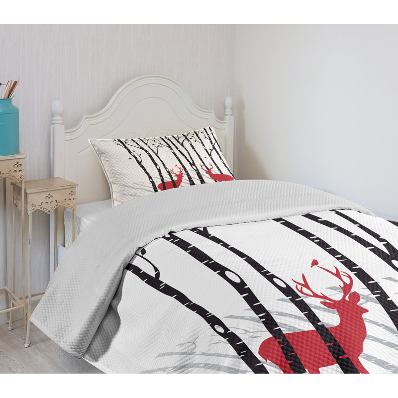 Twin White Quilted Bedspread Set with Red Deer Design