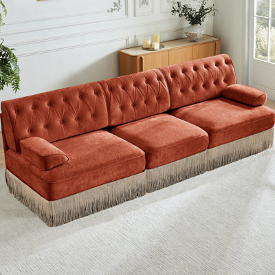 Red Brown Velvet 3 - Seater Modular Sectional With Ergonomic Seating And Configuration For Home Decor Button Design Floor Tassel Fringe Living Room Re