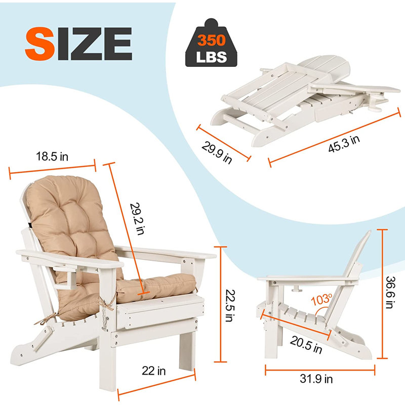 Folding Adirondack Chairs Set Of 2 With Cushion, Hdpe Oversized Patio Chair Weather Resistant, White