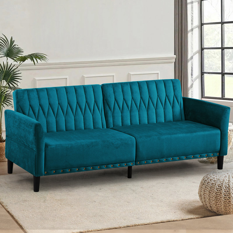 Wallasse 78'' Velvet Reclining Sleeper Sofa, Teal