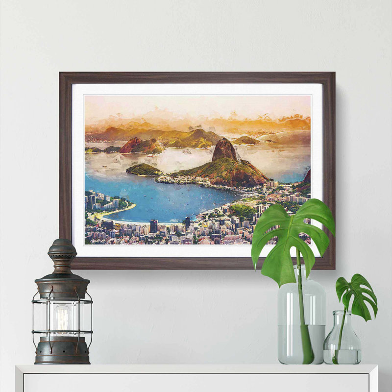 Skyline of Rio De Janeiro in Brazil in Abstract - Picture Frame Graphic Art Print, 48cm H x 65cm W x 2cm D, Walnut Framed