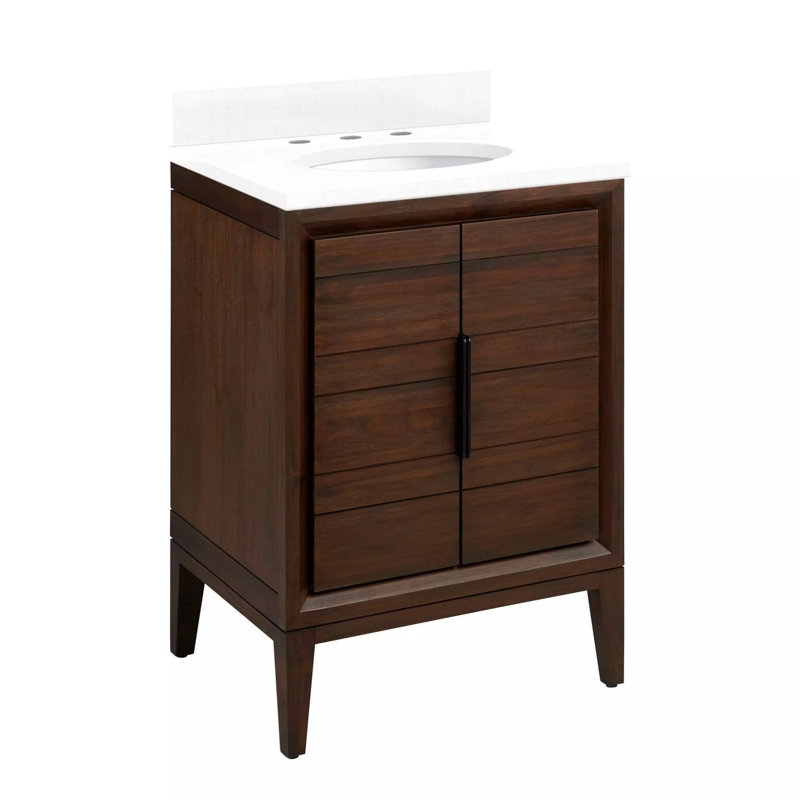 Ensemble de meuble-lavabo simple 24 po avec lavabo encastré ovale Aliso, Quartz blanc plume, Café, 8 po