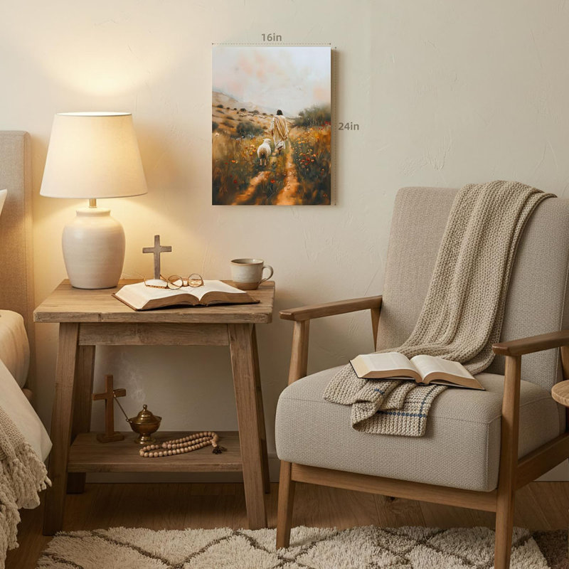 Framed Jesus Wall Art, Good Shepherd Christian Wall Decor, Jesus Walking With Sheep Poster Print, Lost Sheep Scripture Wrapped Canvas Artwork For Church Bedroom Ready To Hang