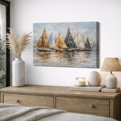 Sailboats Harbor Coastal Artwork, Nautical Seascape Ocean Living Room Pictures, Framed Canvas Giclee Print Wall Art