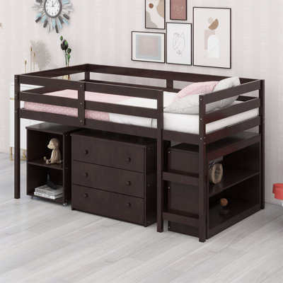 Low Study Loft Bed With Shelf, Drawers And Rolling Portable Desk