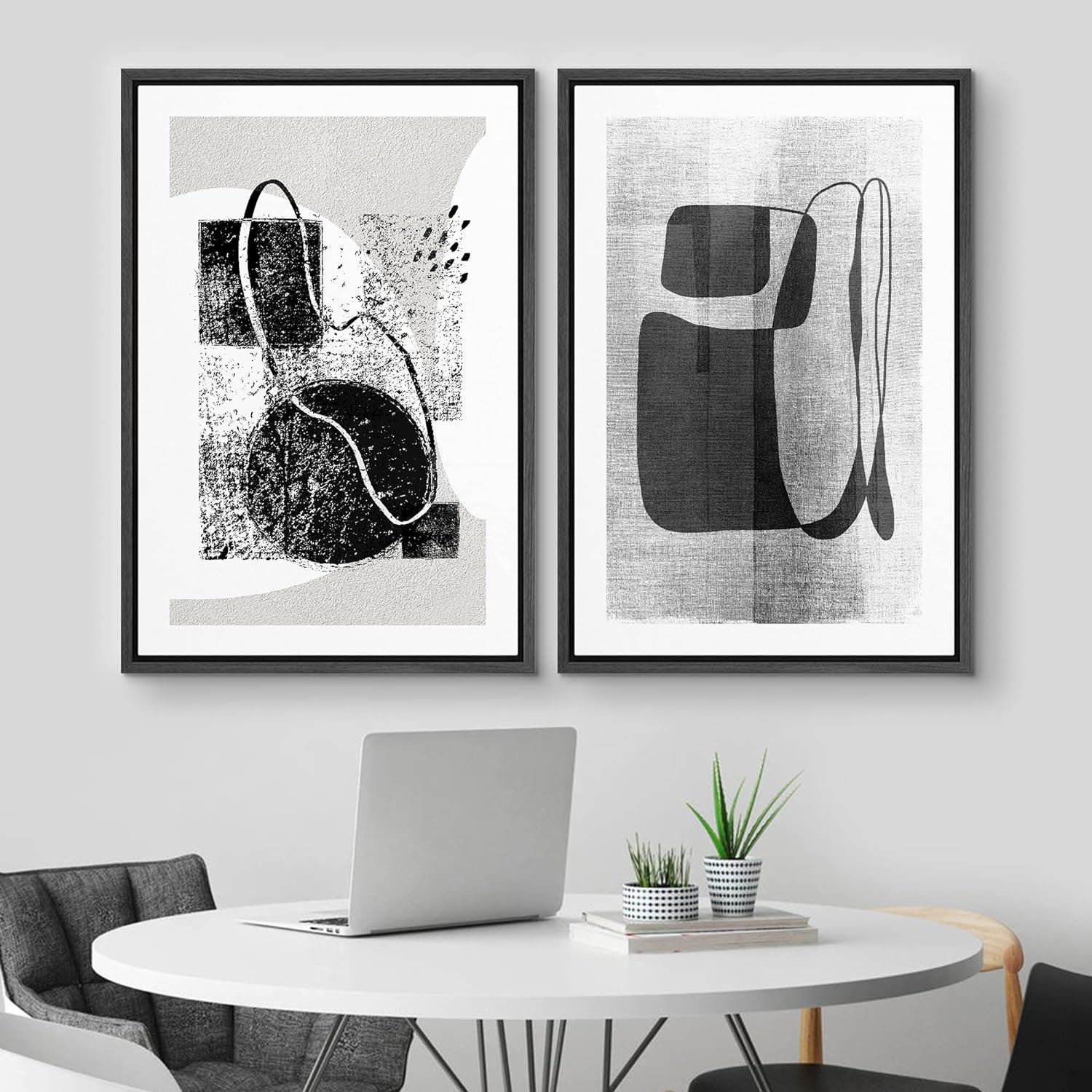 IDEA4WALL Framed Canvas Print Wall Art Set Geometric Black & White ...
