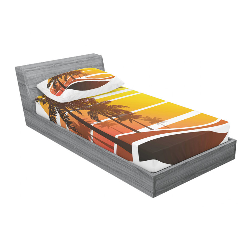 Ensemble de draps coucher de soleil à plage exotique avec palmier, Ensemble de draps pour lit simple avec drap-housse