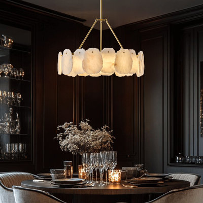Modern 24" Alabaster Round Gold Chandelier with LED Strip (Bulbs Included)
