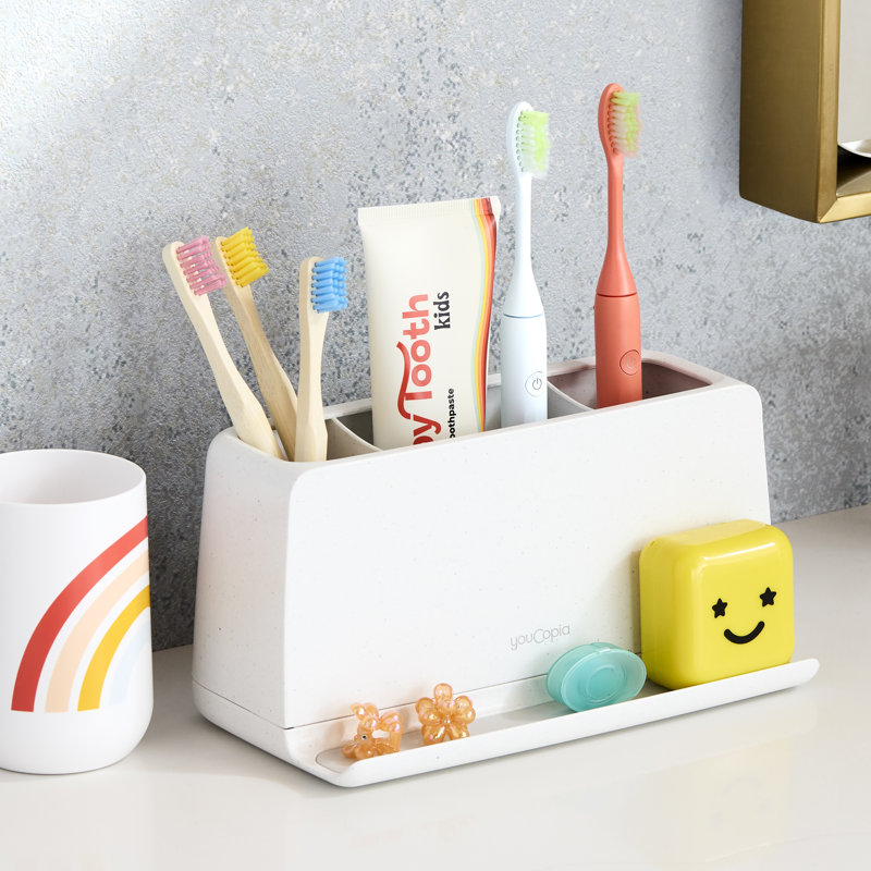 White Polished Freestanding Toothbrush Holder with 3 Compartments