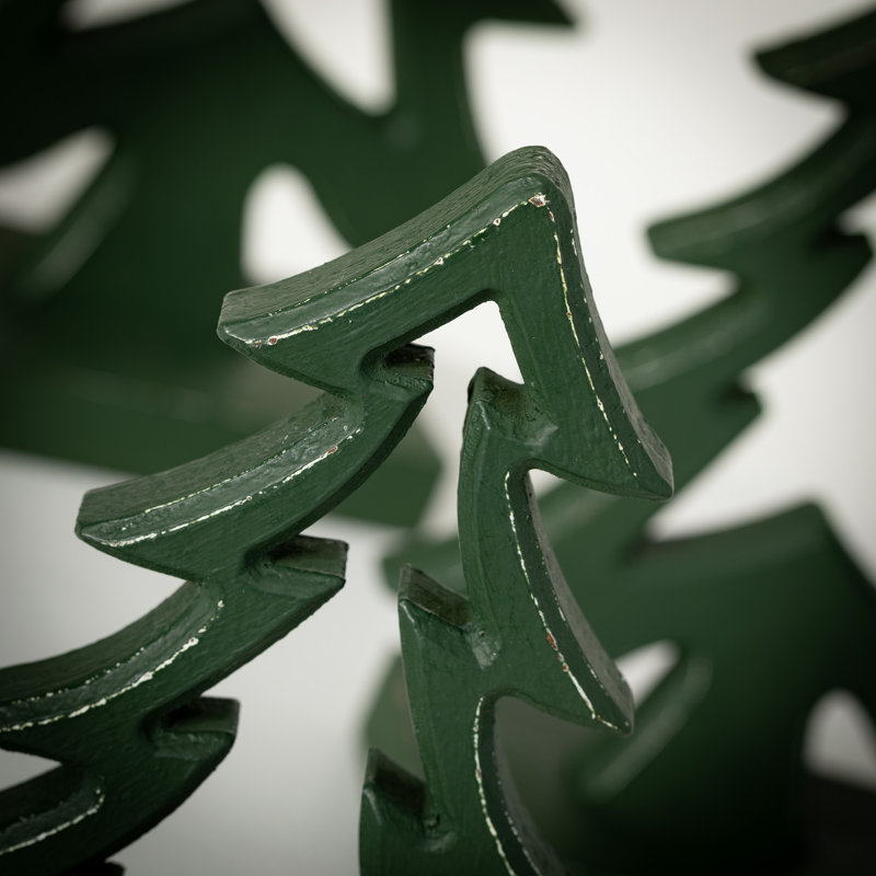 10"H, 11.75"H And 13.75"H Wooden Tree Set Of 3, Christmas Decor; Green