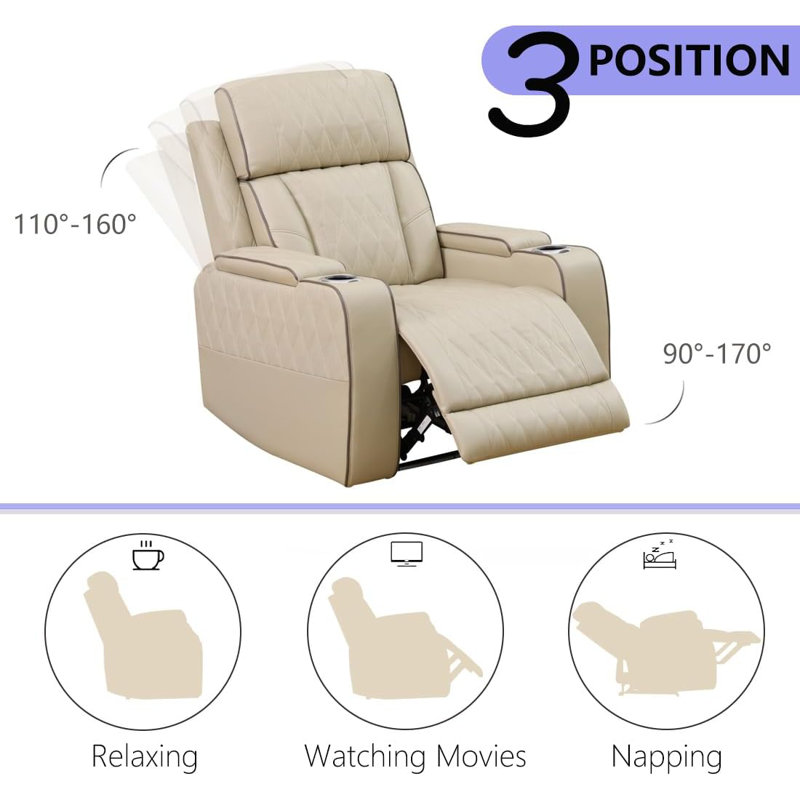 Fauteuil inclinable électrique de 36 po en cuir moderne avec deux porte-gobelets, accoudoirs de rangement et éclairage DEL