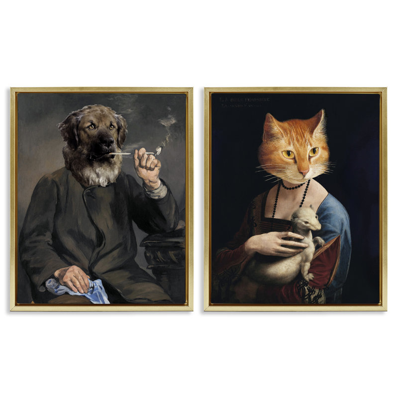  Ensemble de 2 reproductions d'art sur toile, H 21 po x l 17 po, Cadre flottant métallique doré