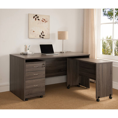 Wooden Home Office Desk In Distressed Grey, With Four Wheels For Effortless Mobility Mobile Table - Grey Back Finish And Wheel Locks
