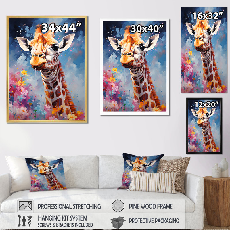 Popart Art, girafe multicolore Grace III sur toile, Cadre doré simple, H 20 po x l 12 po x P 1 po
