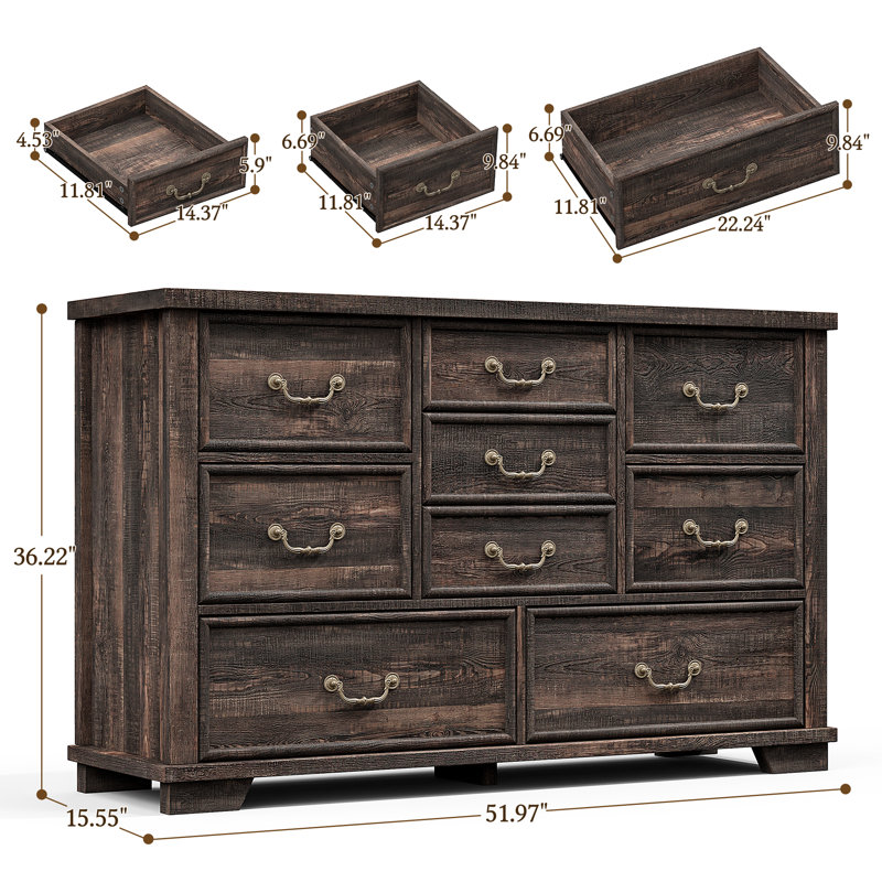 Dark Rustic Oak 9-Drawer Antique Wood Dresser with Metal Handles