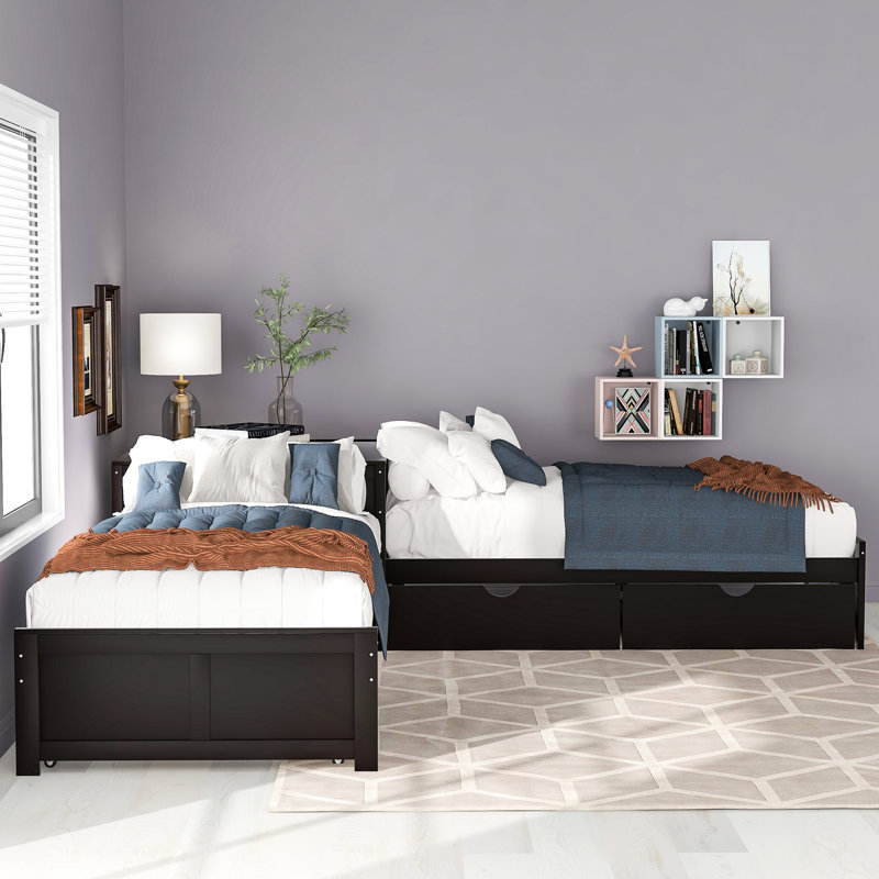 Lit simple en forme de L avec tiroir supplémentaire et lit gigogne convertible de couleur foncée, Espresso