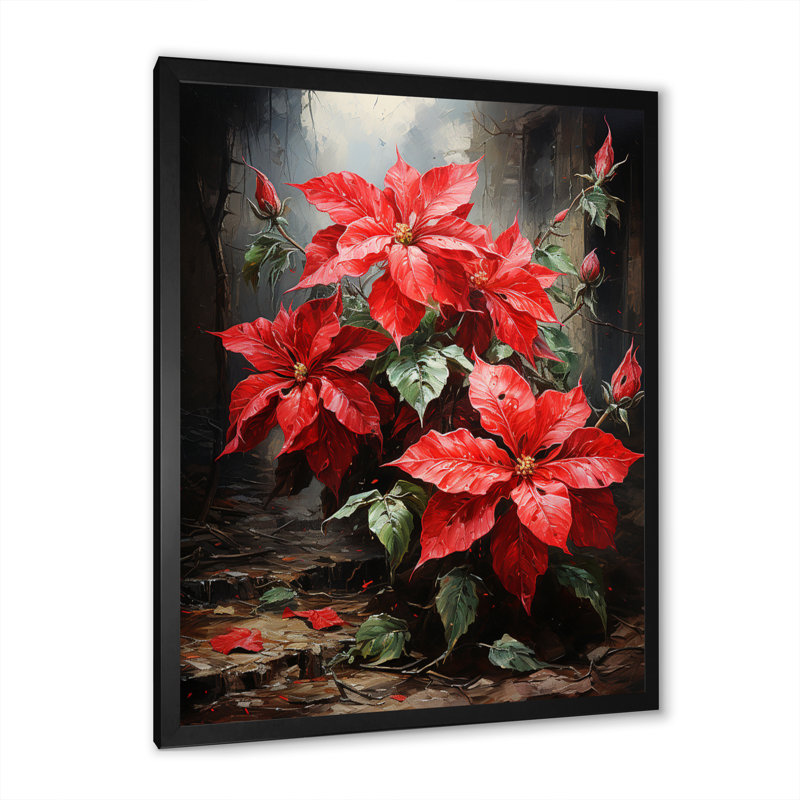 «Red Poinsettias Holiday Velvet Patchwork II» - reproduction d'art sur toile florale et botanique, H 32 po x l 16 po x P 1 po