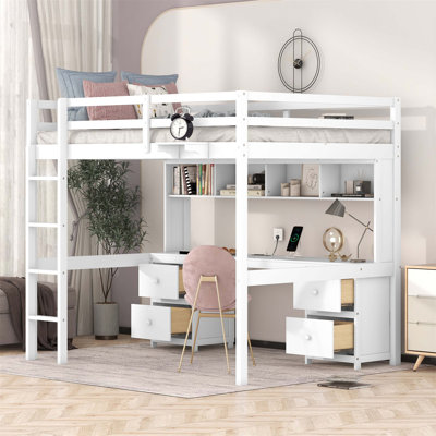 Lit mezzanine avec bureau, armoires, tiroirs et station de charge pour une utilisation efficace de l'espace et une vie multifonctionnelle