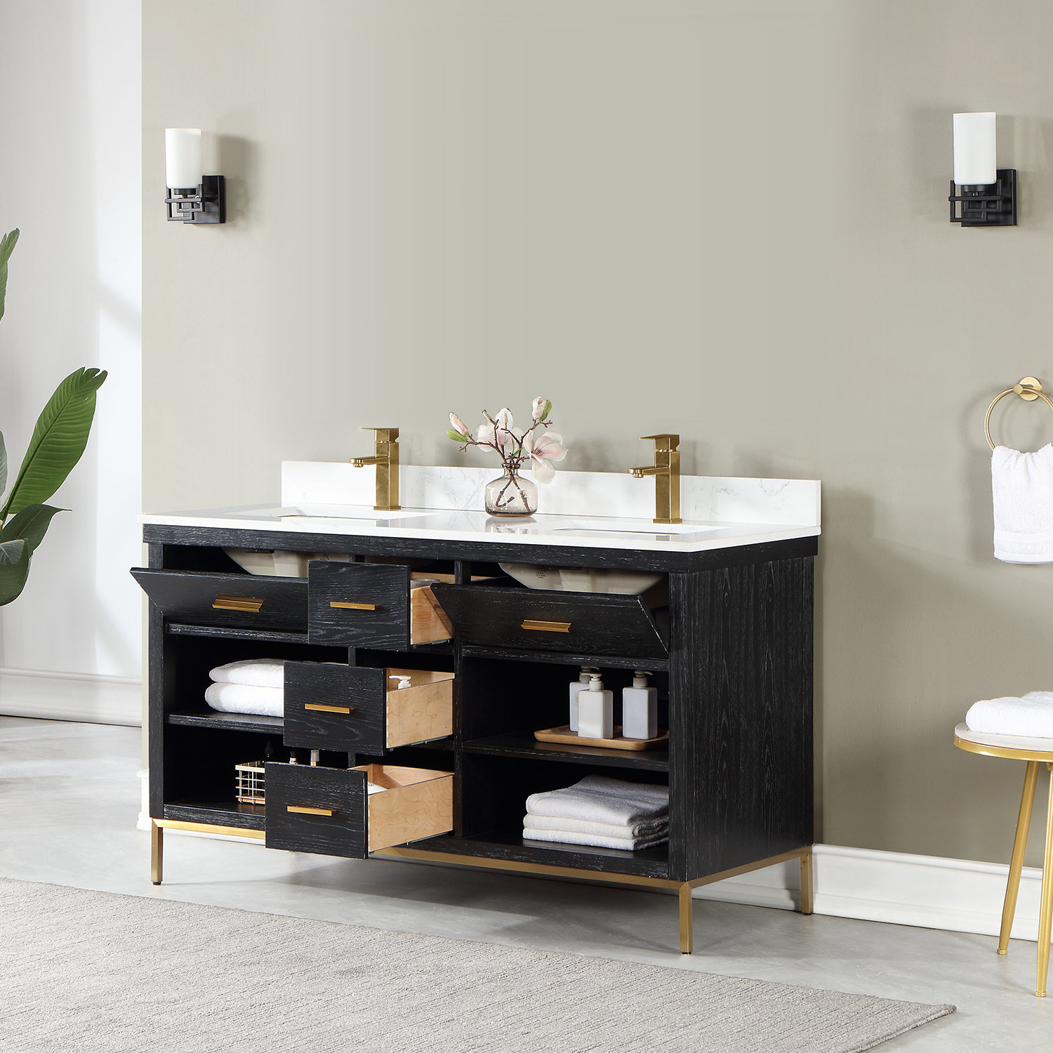 Kesia 60'' Double Bathroom Vanity, Black, Gold