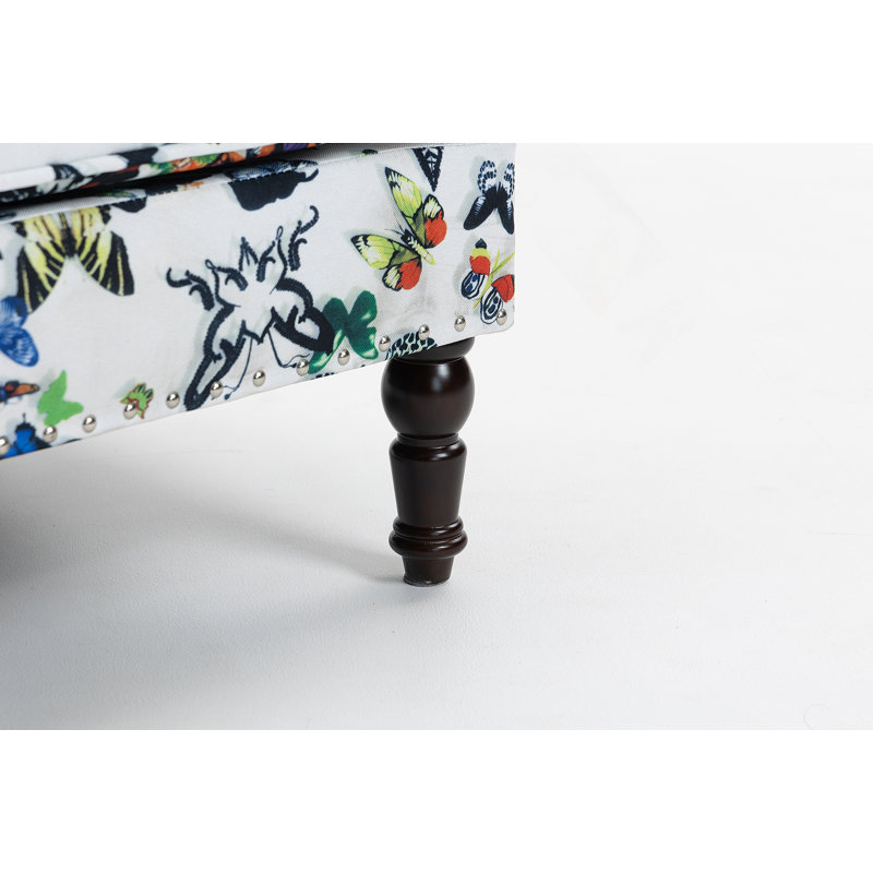 Chaise d'appoint rembourrée, fauteuil vintage avec tissu en lin papillon et garniture cloutée pour le salon