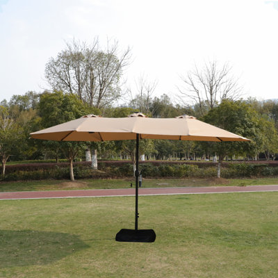 Grand parasol rectangulaire double 15 x 9 pi pour terrasse avec lumière et base - taupe