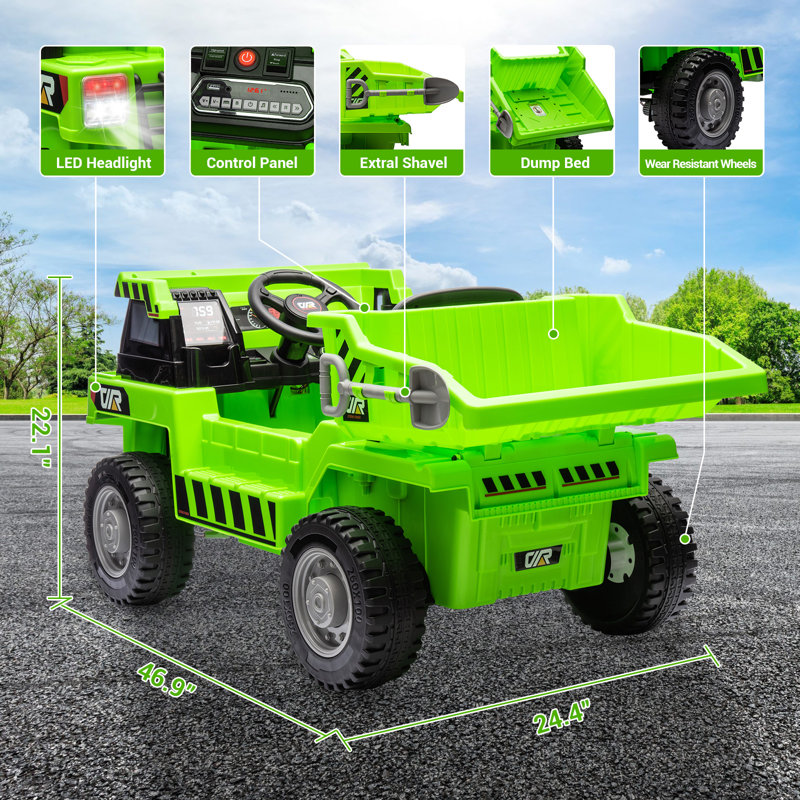 Green 12V Ride-On Dump Truck with Electric Bed