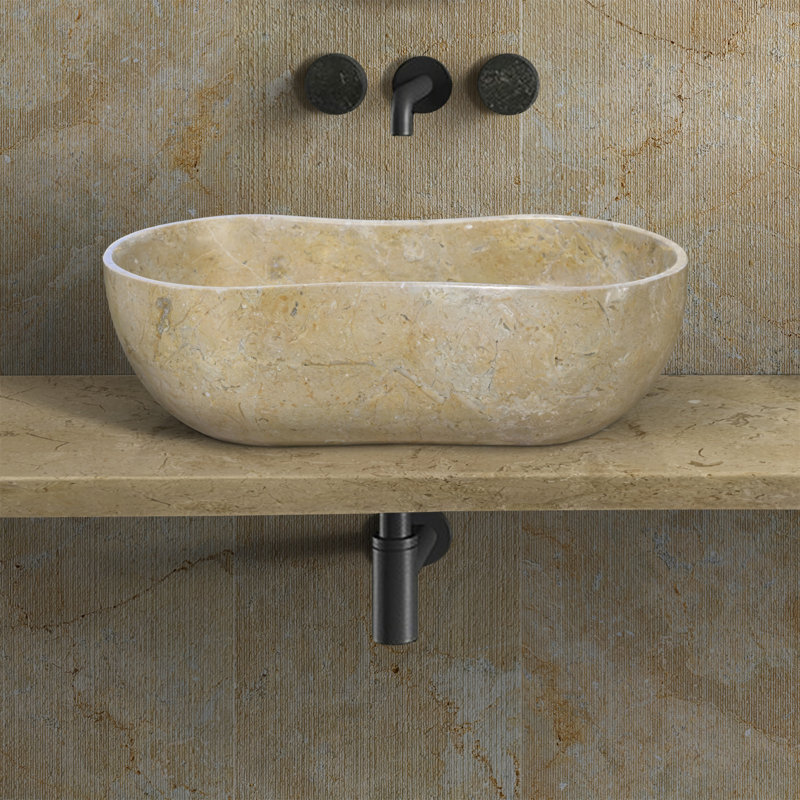 Gold Yellow Beige Natural Marble Bathroom Vessel Sink, Gold/Beige