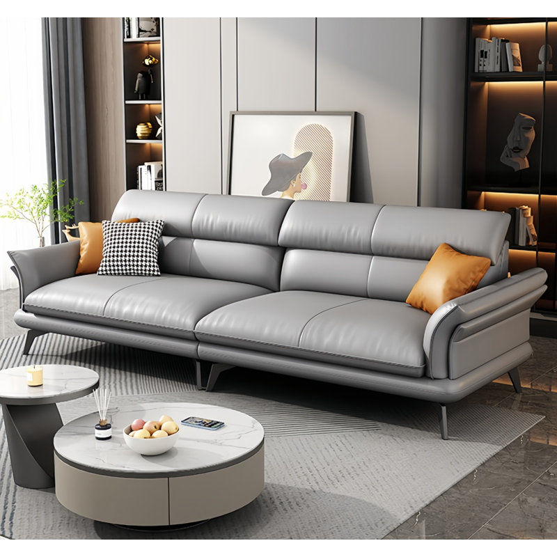 Simple Faux Leather Sofa, Gray, 33.86" H x 98.43" W x 37.4" D