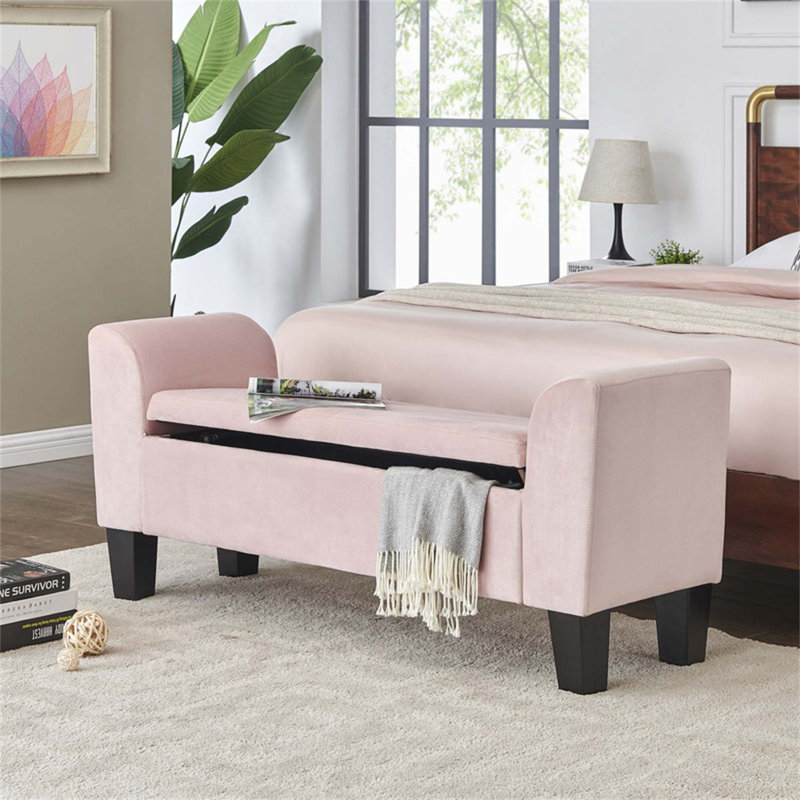 Banc ottoman Mila 55 po en velours rose avec rangement