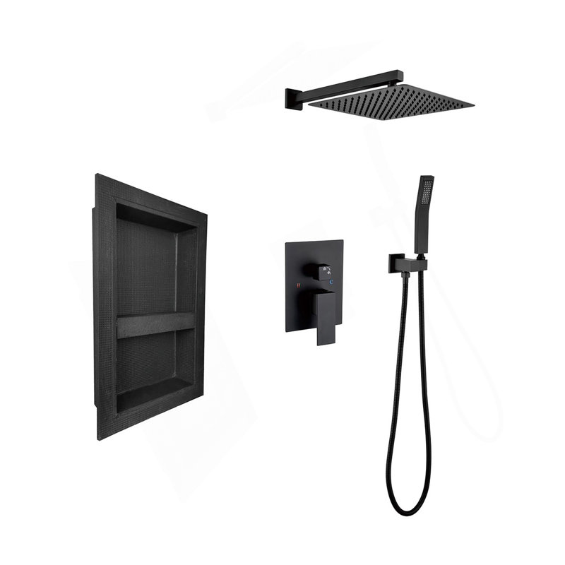 Shower System With Rain Shower Head, Hand Shower Head, Water Control Valve, Shower Bracket, Hose And Niche, Matte Black