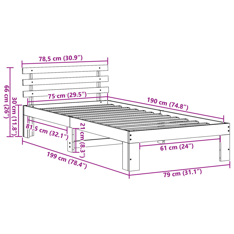 Bed Frame with Headboard Solid Pine Wood, Small Single (2'6), Wax Brown